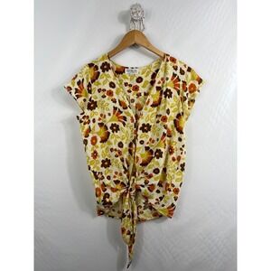 XIX Palms Tulum Floral Tie Front‎ V-Neck Rayon Blouse Yellow Orange Brown M